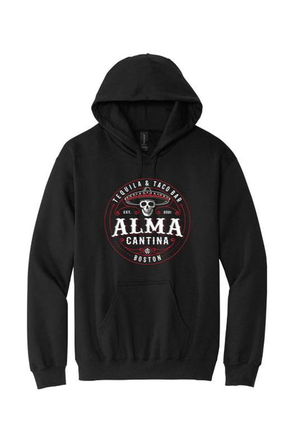 Black unisex hoodie featuring a white and red Alma Cantina logo with a skull graphic on the front chest.