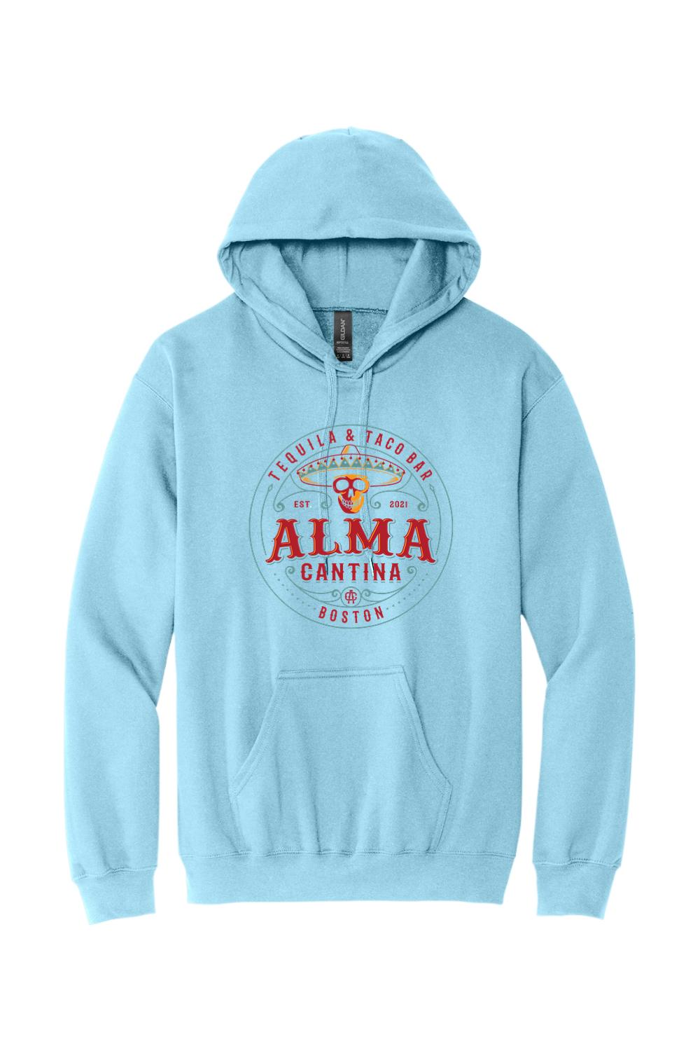 Light blue unisex hoodie featuring a red and yellow Alma Cantina logo graphic on the front with a front pouch pocket.