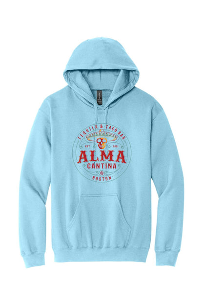 Light blue unisex hoodie featuring a red and yellow Alma Cantina logo graphic on the front with a front pouch pocket.