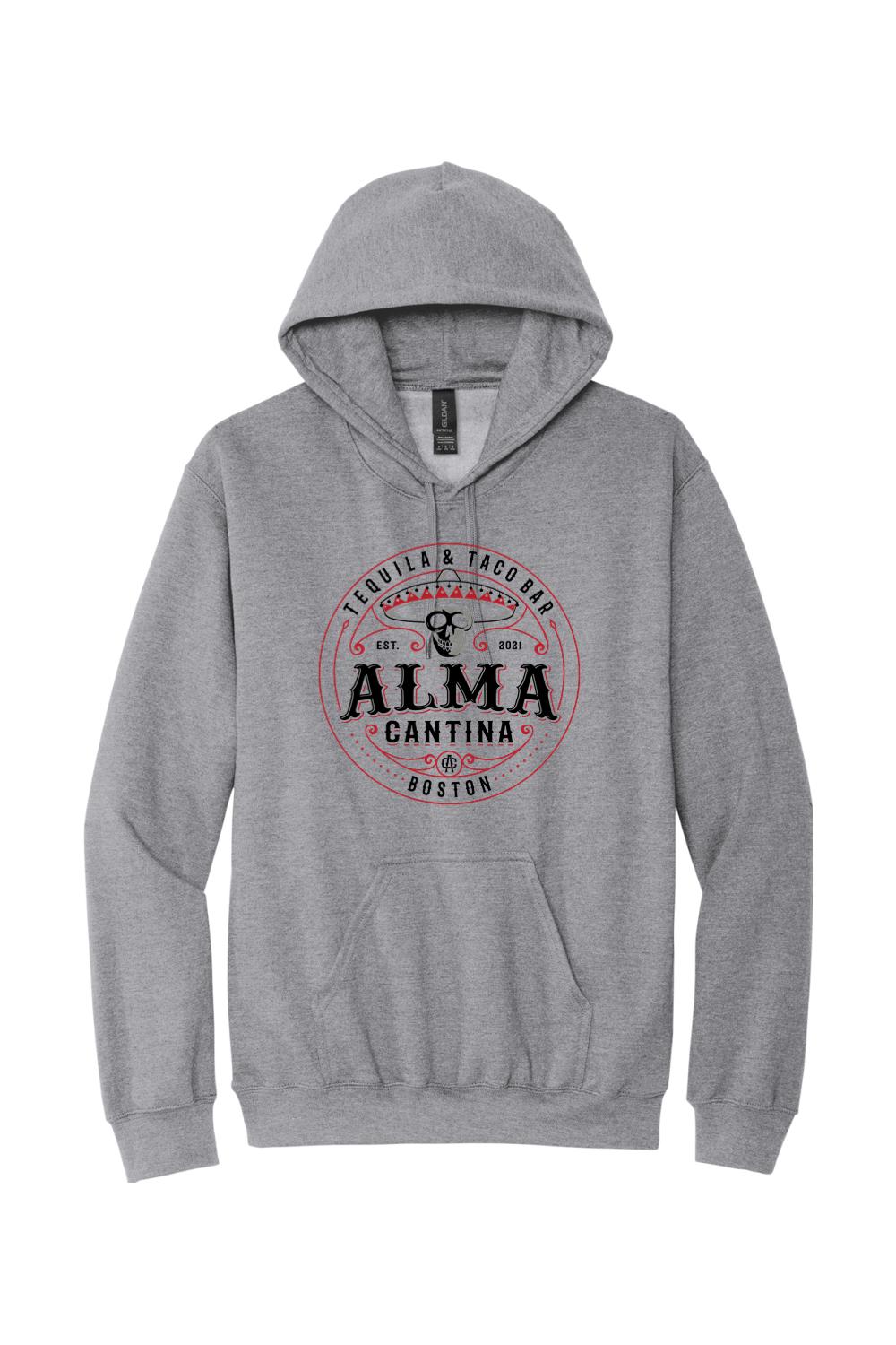 Grey unisex hoodie with front Alma Cantina logo featuring a sombrero, skull, and red circular text design.