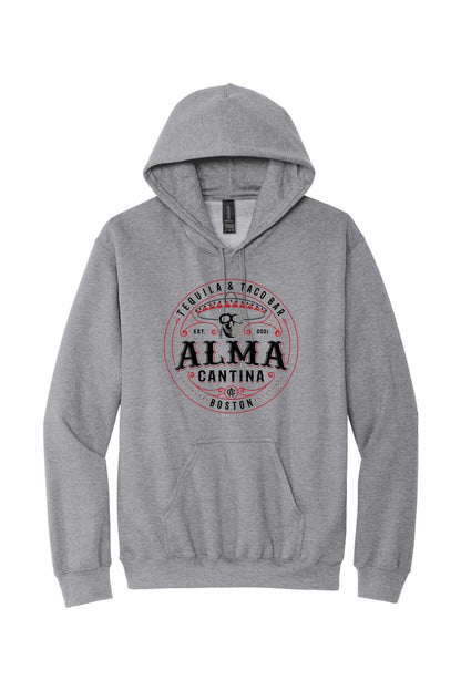 Grey unisex hoodie with front Alma Cantina logo featuring a sombrero, skull, and red circular text design.