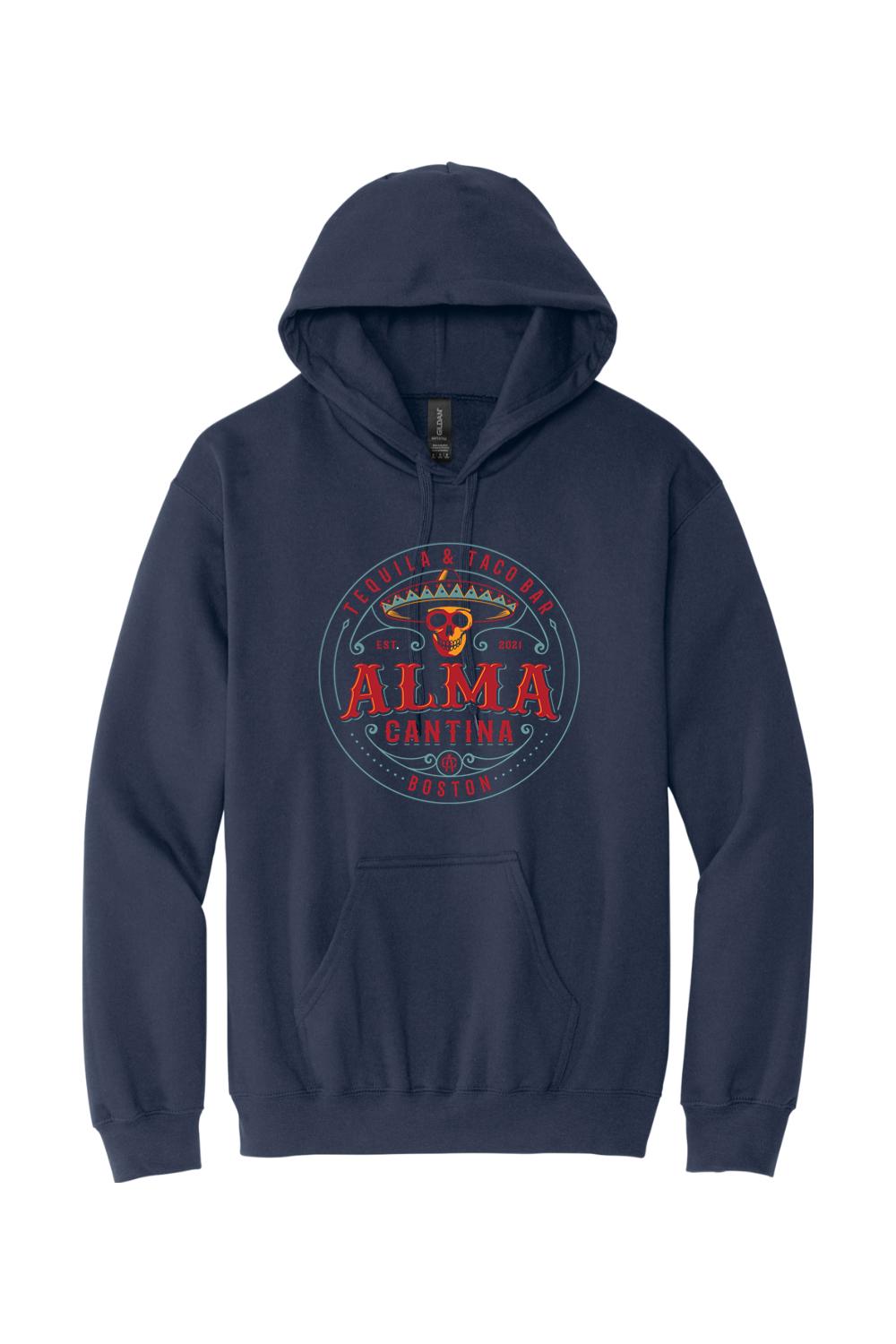 Navy blue cotton unisex hoodie featuring a circular Alma Cantina logo with a skull graphic on the front.