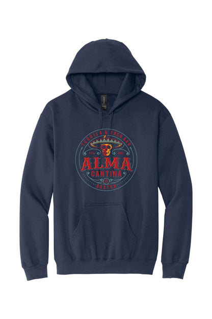 Navy blue cotton unisex hoodie featuring a circular Alma Cantina logo with a skull graphic on the front.