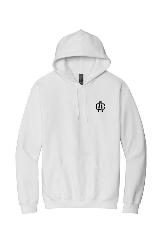 White Alma Cantina unisex hoodie featuring a black embroidered logo on the chest, drawstring hood, and front pocket.