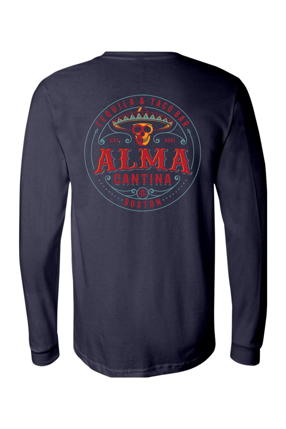 Navy blue long sleeve cotton t-shirt featuring a colorful Alma Cantina skull and sombrero graphic on the back.