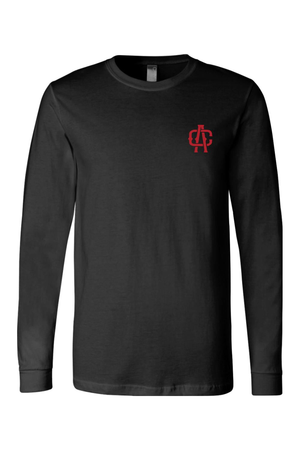 Black long-sleeve cotton t-shirt featuring a small red Alma Cantina logo on the left chest.