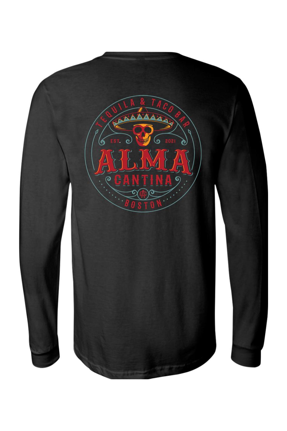 Black long-sleeve cotton t-shirt featuring a colorful Alma Cantina skull and sombrero logo on the back.