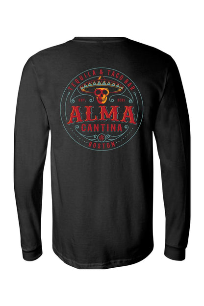 Black long-sleeve cotton t-shirt featuring a colorful Alma Cantina skull and sombrero logo on the back.