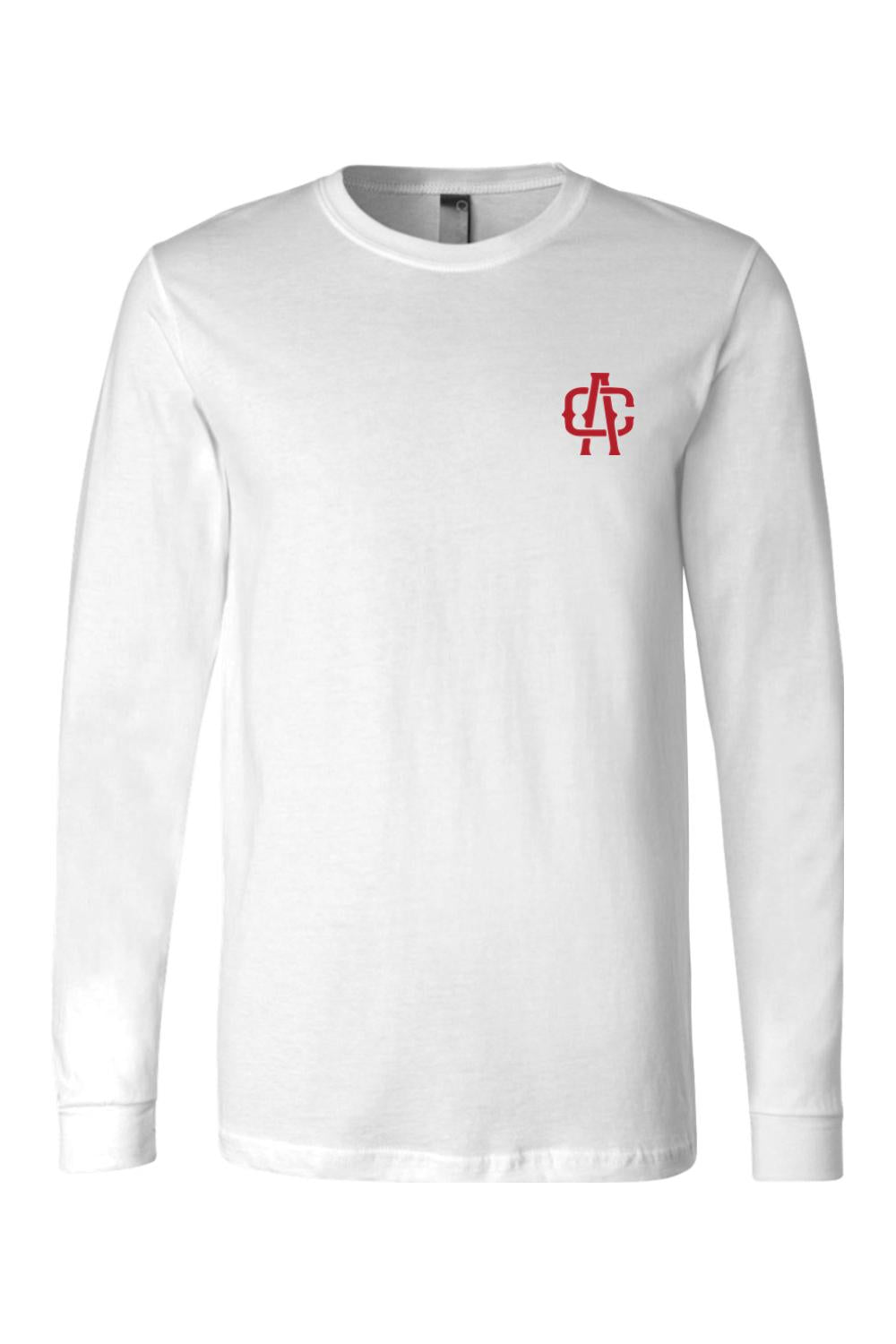 White long-sleeve cotton t-shirt featuring a small red Alma Cantina logo on the left chest.