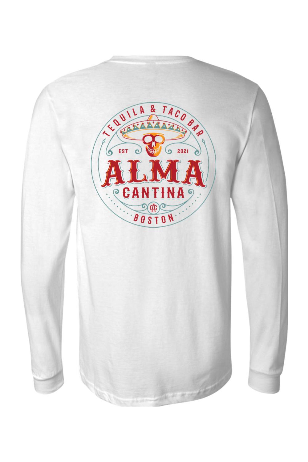 White long-sleeve cotton t-shirt featuring a colorful Alma Cantina tequila and taco bar logo graphic on the back.