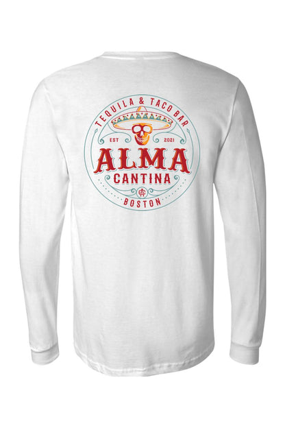 White long-sleeve cotton t-shirt featuring a colorful Alma Cantina tequila and taco bar logo graphic on the back.