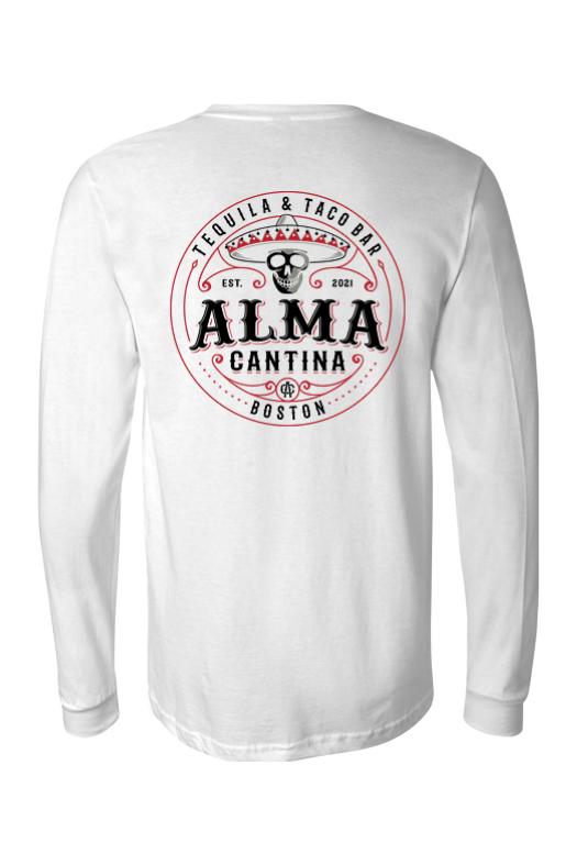 White long-sleeve cotton t-shirt featuring a red and black Alma Cantina skull logo graphic on the back.