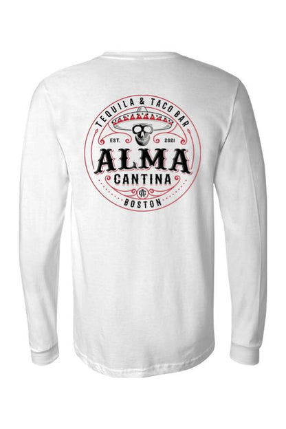 White long-sleeve cotton t-shirt featuring a red and black Alma Cantina skull logo graphic on the back.