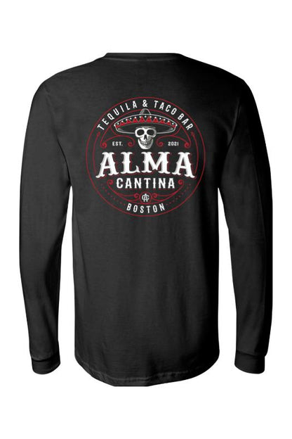 Black long-sleeve cotton t-shirt featuring a red and white Alma Cantina skull logo graphic on the back.