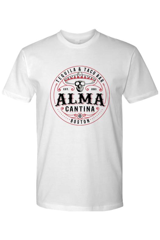 White cotton crewneck t-shirt featuring a red and black Alma Cantina logo with a skull and sombrero graphic.