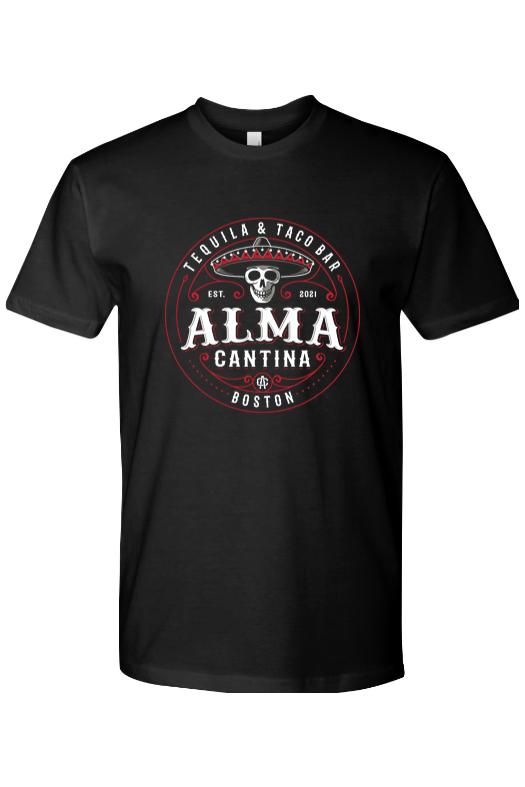 Black cotton crew neck t-shirt featuring a red and white Alma Cantina skull and sombrero logo graphic.