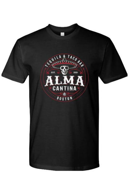 Black cotton crew neck t-shirt featuring a red and white Alma Cantina skull and sombrero logo graphic.