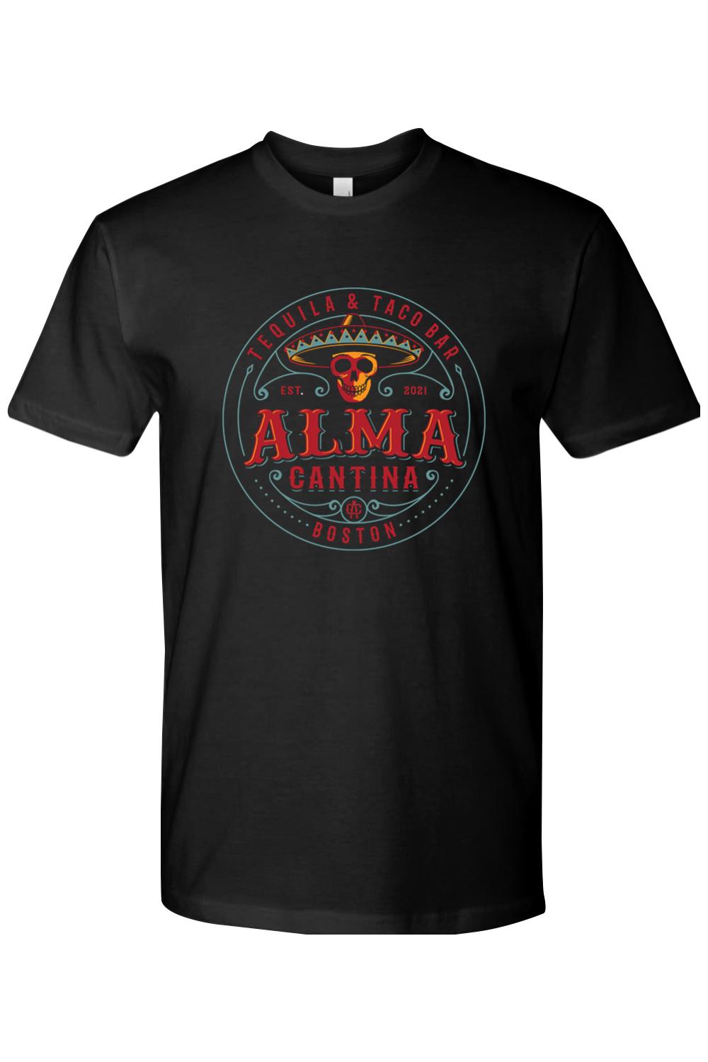 Black cotton crew neck t-shirt featuring a red and teal Alma Cantina skull and sombrero graphic on the chest.