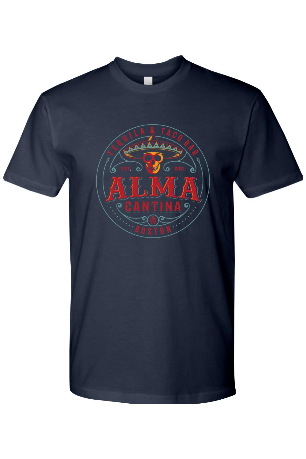 Navy blue cotton t-shirt featuring a circular Alma Cantina logo with a skull wearing a sombrero graphic.