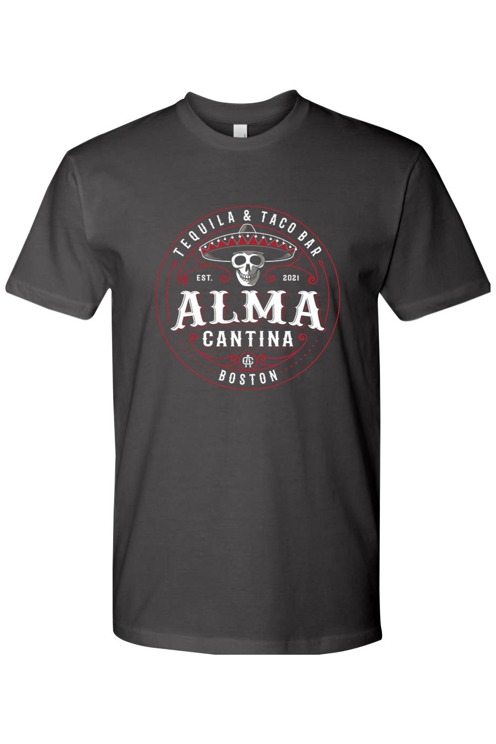 Charcoal grey cotton crewneck t-shirt featuring a red and white Alma Cantina Boston logo with a skull and sombrero.
