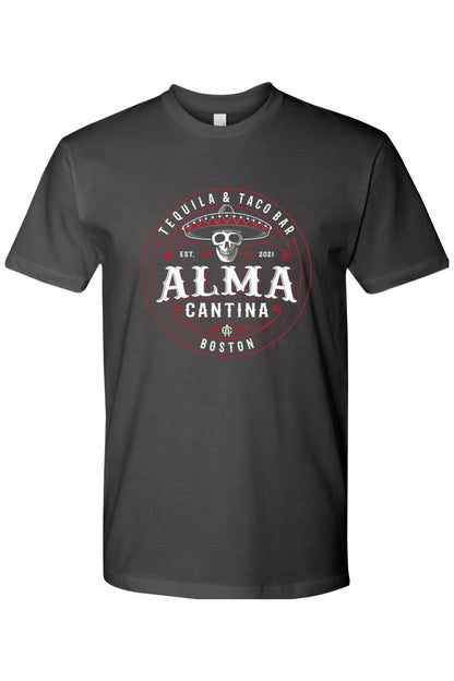 Charcoal grey cotton crewneck t-shirt featuring a red and white Alma Cantina Boston logo with a skull and sombrero.