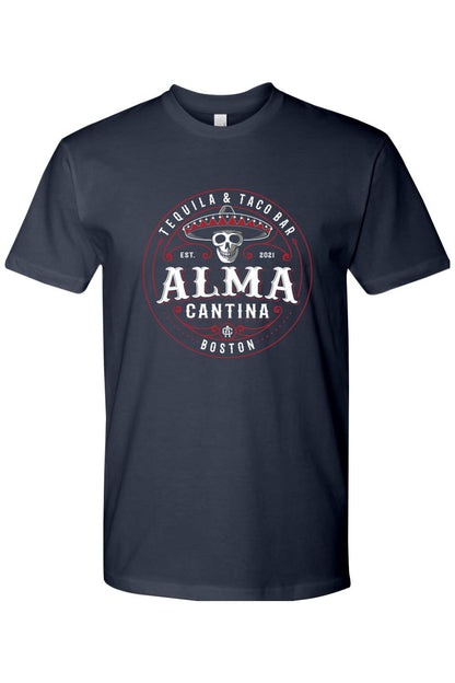 Navy blue cotton crewneck t-shirt featuring a red and white Alma Cantina tequila and taco bar logo graphic.