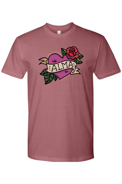 Dusty rose cotton t-shirt featuring a traditional tattoo-style purple heart, red rose, and Alma banner graphic.