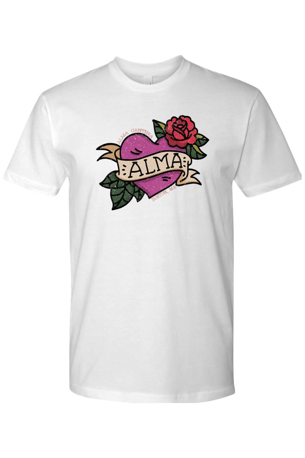 White cotton unisex t-shirt featuring a traditional tattoo-style purple heart, red rose, and Alma Cantina ribbon graphic.