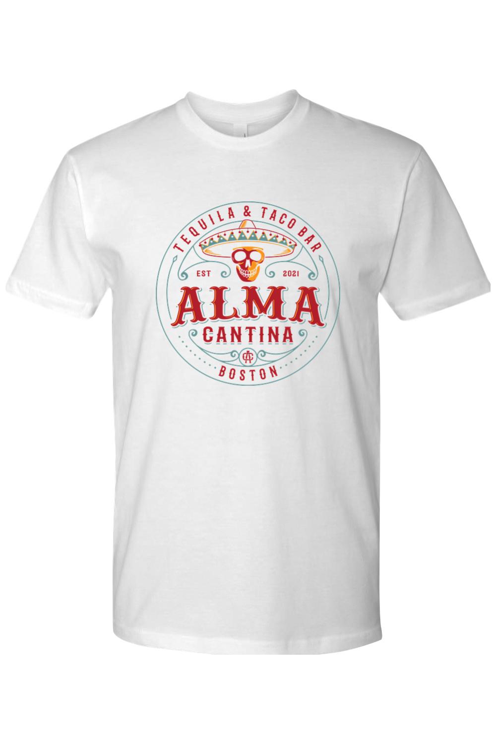 White cotton crew neck t-shirt featuring a colorful Alma Cantina Tequila & Taco Bar graphic with a skull logo.