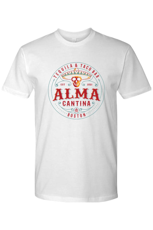 White cotton crew neck t-shirt featuring a colorful Alma Cantina Tequila & Taco Bar graphic with a skull logo.