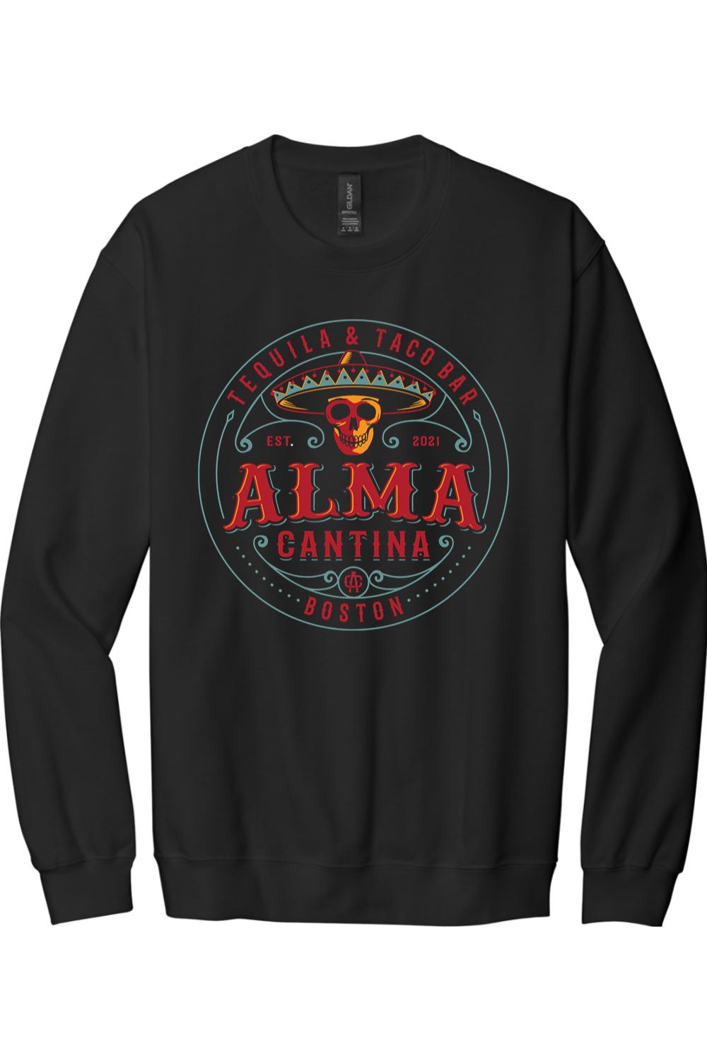 Black crewneck sweatshirt featuring a multicolor Alma Cantina logo with a skull wearing a sombrero.