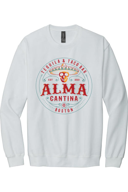White crewneck sweatshirt featuring a colorful Alma Cantina tequila and taco bar logo with a skull and sombrero.