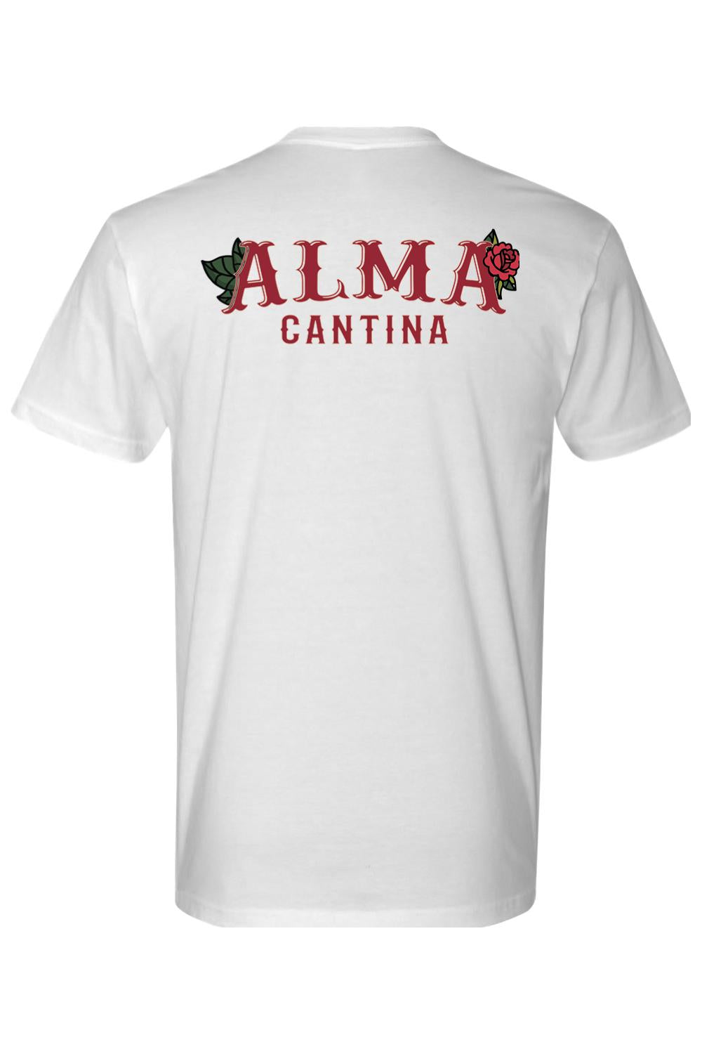 White premium cotton t-shirt featuring a red Alma Cantina logo with traditional rose graphics on the back.