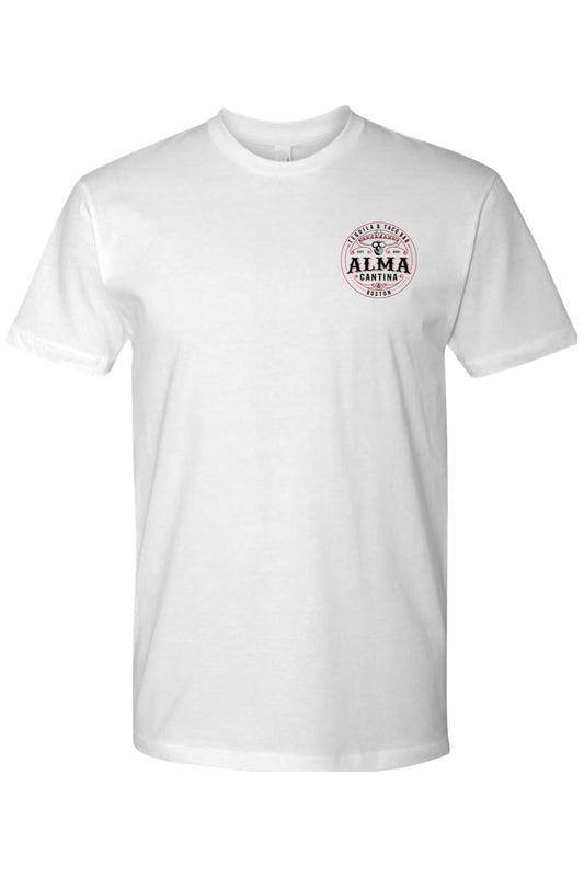 White premium cotton t-shirt featuring a small Alma Cantina circular logo on the left chest.