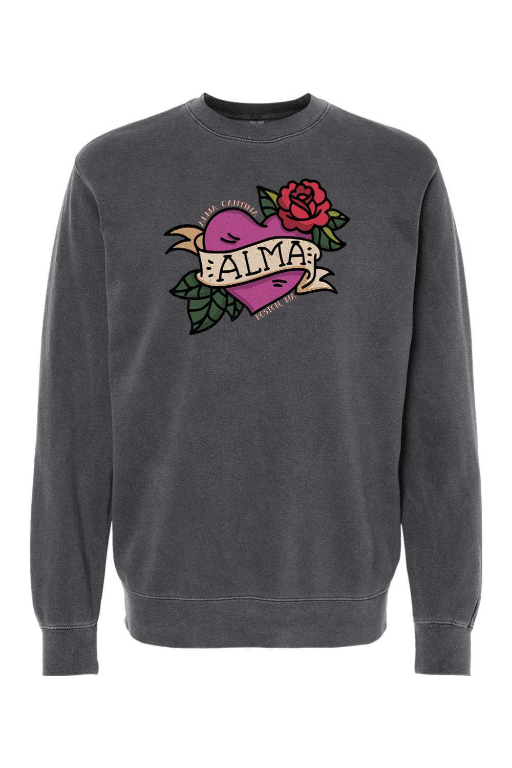 Charcoal pigment-dyed crewneck sweatshirt featuring a purple heart, red rose, and Alma Cantina graphic print.