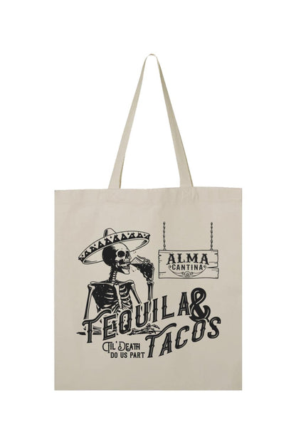 Natural canvas tote bag featuring a black skeleton graphic, sombrero, and Alma Cantina Tequila & Tacos text design.
