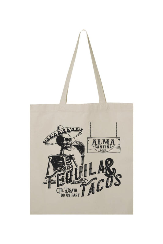 Natural canvas tote bag featuring a black skeleton graphic, sombrero, and Alma Cantina Tequila & Tacos text design.