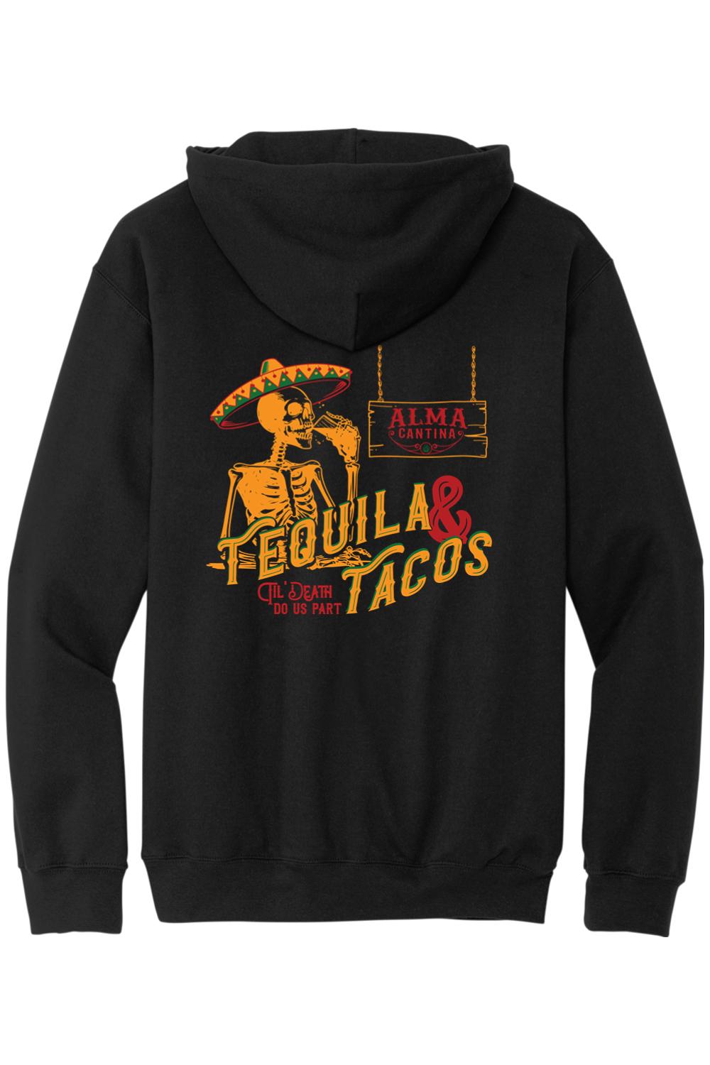 Black midweight hoodie featuring a back graphic of a skeleton in a sombrero drinking tequila under an Alma Cantina sign.