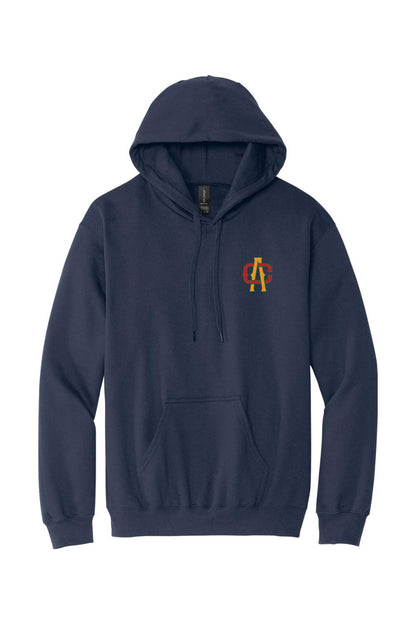 Navy blue midweight hoodie with a drawstring hood, front kangaroo pocket, and a red and gold Alma Cantina logo on chest.