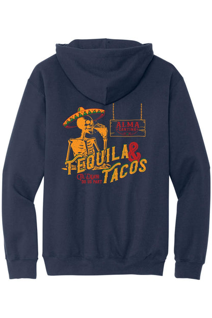 Navy blue midweight hoodie featuring a back graphic of a skeleton in a sombrero drinking tequila with Alma Cantina branding.