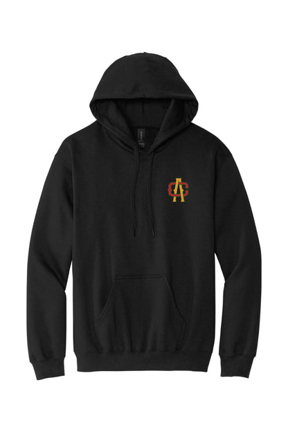 Black midweight hoodie featuring a red and gold Alma Cantina logo on the chest with a drawstring hood and front pocket.