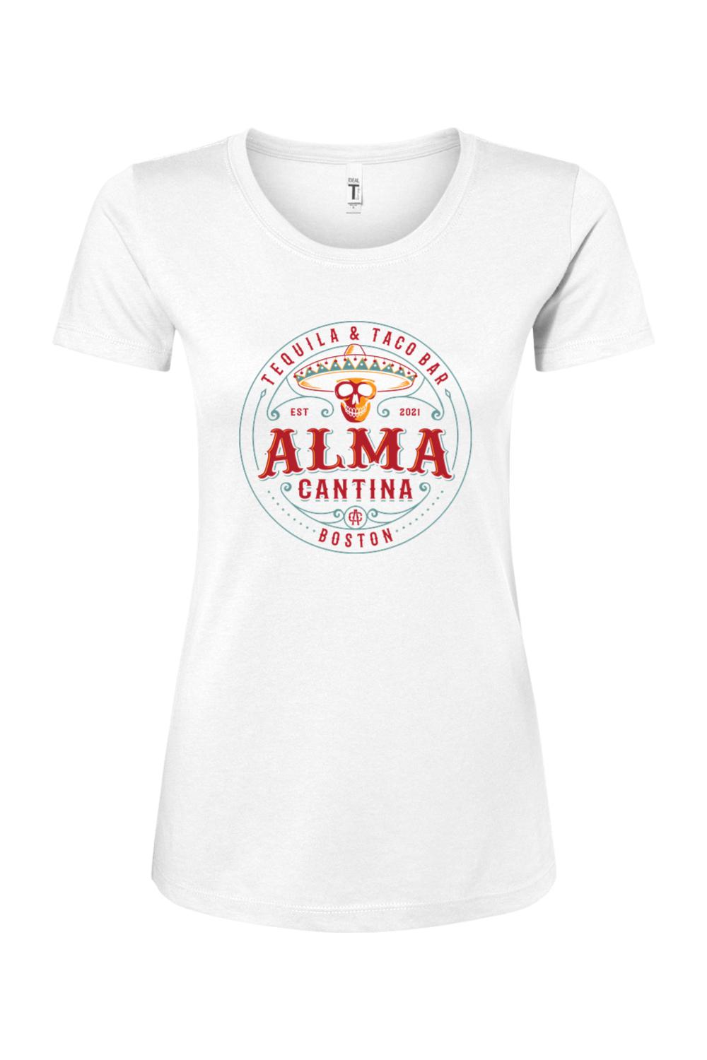 White women’s cotton-blend t-shirt featuring a colorful Alma Cantina tequila and taco bar graphic on the chest.