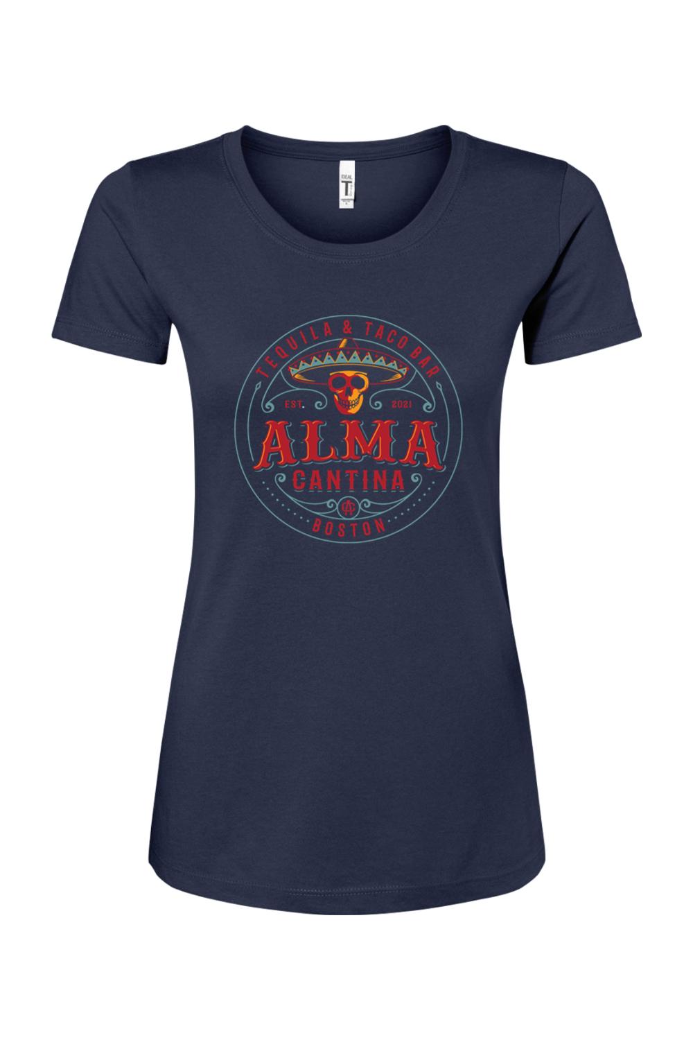 Navy blue women's cotton-blend t-shirt featuring an Alma Cantina tequila and taco bar graphic with a skull logo.