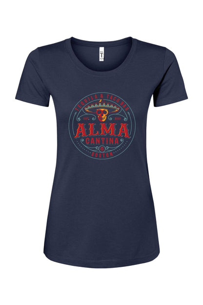 Navy blue women's cotton-blend t-shirt featuring an Alma Cantina tequila and taco bar graphic with a skull logo.