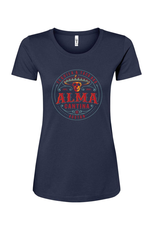 Navy blue women's cotton-blend t-shirt featuring an Alma Cantina tequila and taco bar graphic with a skull logo.