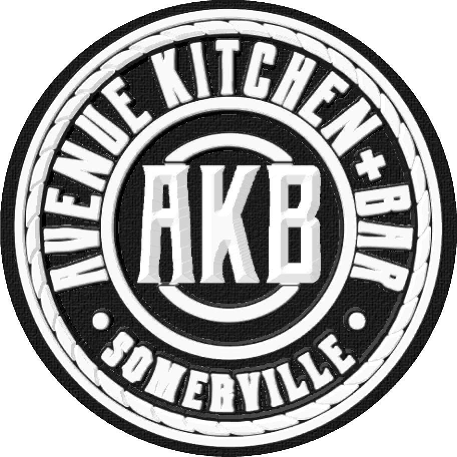Black and white 3D embroidered circular Avenue Kitchen + Bar logo patch with AKB lettering and rope border.