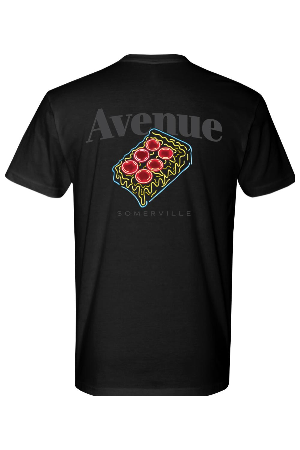 Black cotton t-shirt featuring a neon-style pizza graphic and Avenue Somerville text on the back.