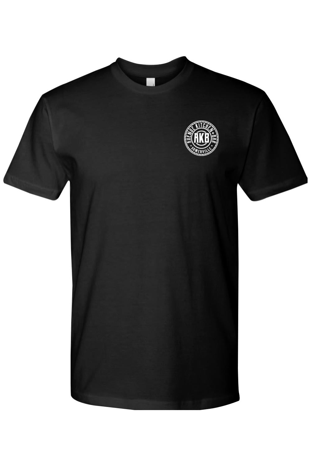 Black cotton crewneck t-shirt with a white Avenue Kitchen + Bar AKB logo embroidered on the left chest.