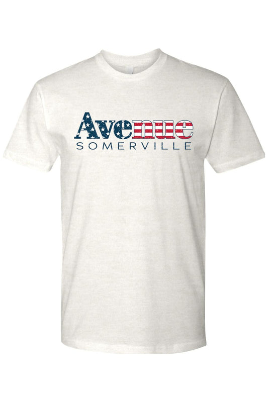 Men's white cotton t-shirt featuring an American flag-patterned Avenue Somerville logo graphic on the chest.