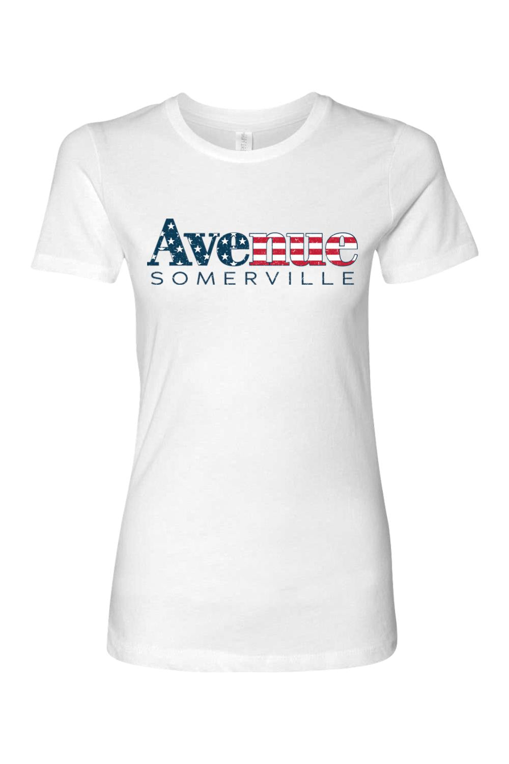 Women's white cotton t-shirt featuring a vintage American flag Avenue Somerville graphic print.
